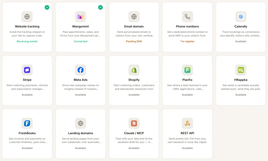 Settings → Integrations in 314: website tracking and Mangomint connected, with Calendly, Stripe, Meta Ads, Shopify, Planfix, HRappka, FreshBooks, Claude and the REST API ready to connect