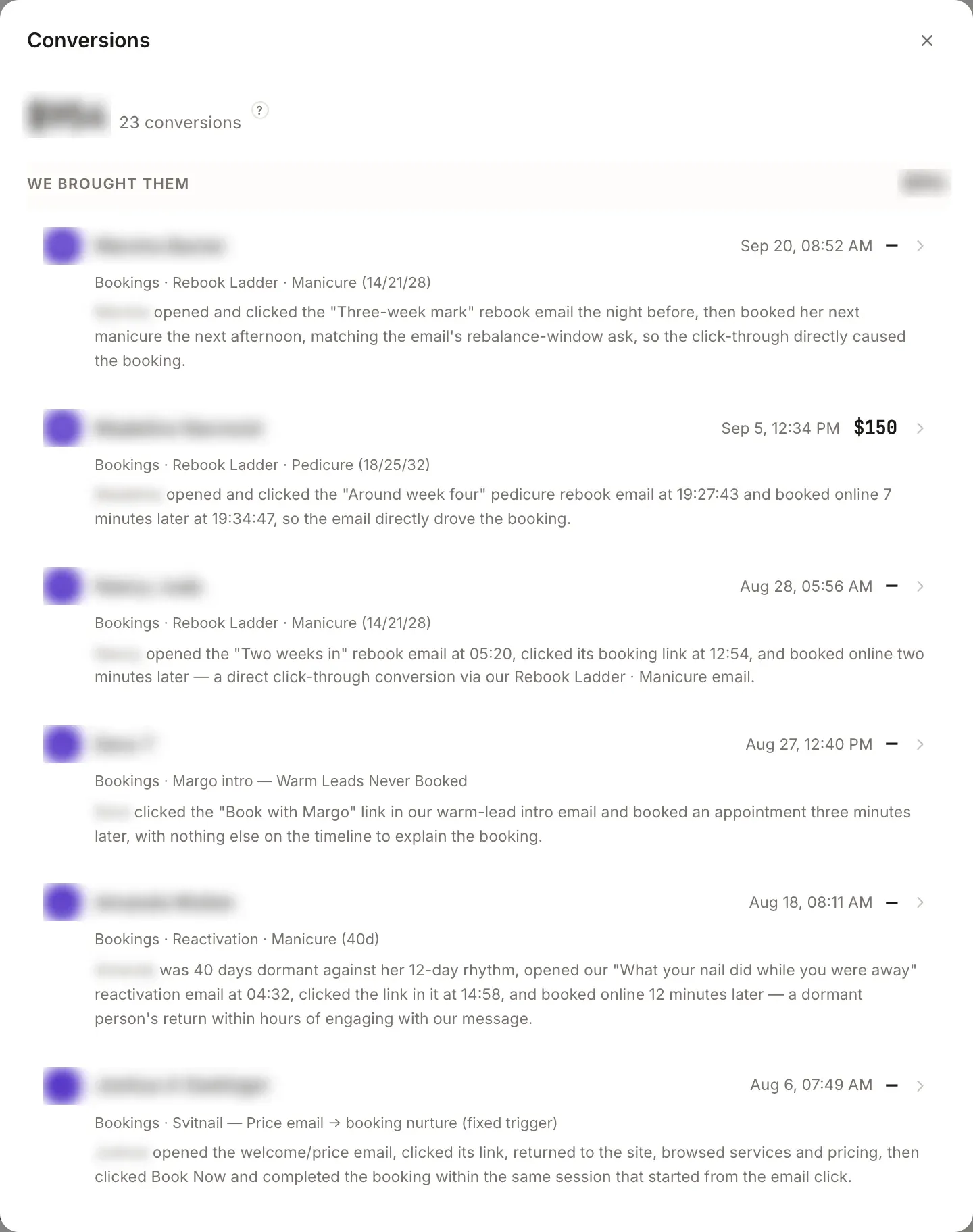 The Conversions dialog in the portal: 23 bookings 314 caused, each with the strategy and the reason it counted
