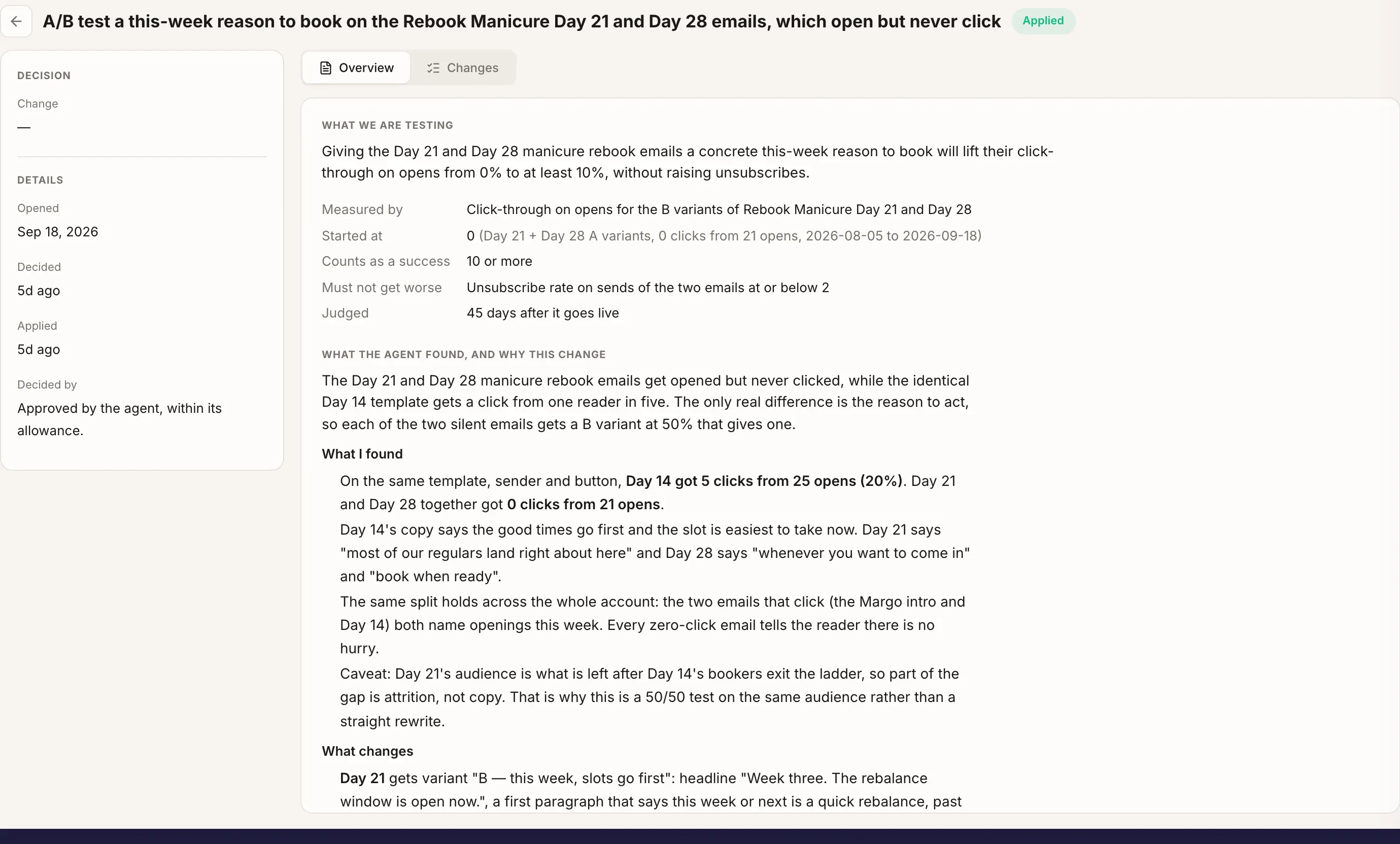 Decision: A/B test a this-week reason to book on the day 21 and day 28 letters