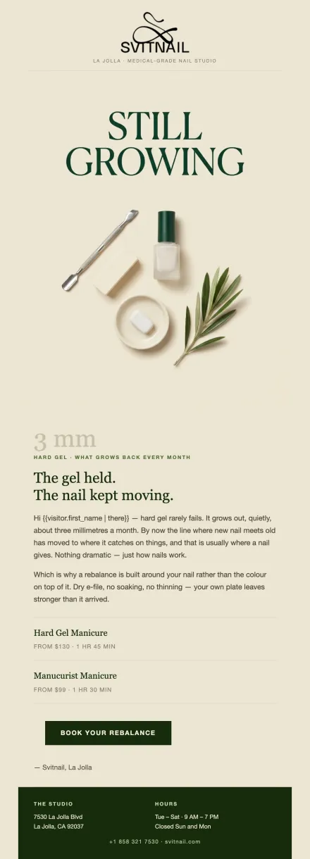 A letter 314 wrote for a nail studio to a client away 40 days: the studio’s logo over the words Still growing