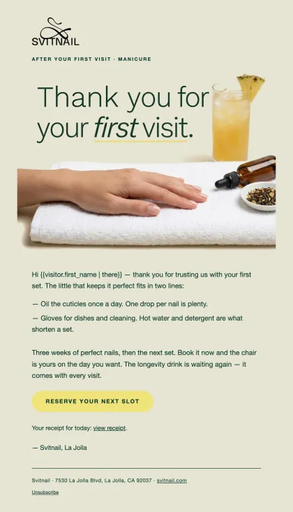 The studio’s thank-you after a first manicure
