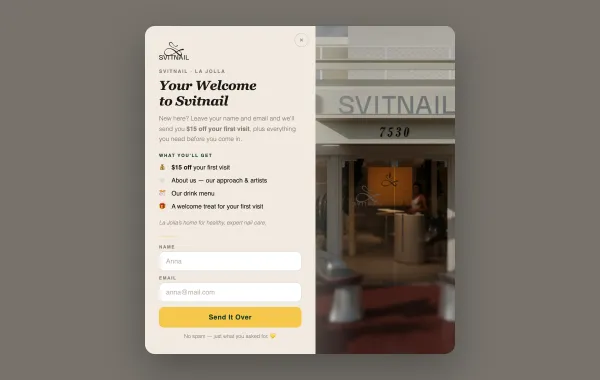 The studio’s welcome popup: its logo, storefront, what a first visit gets, name and email