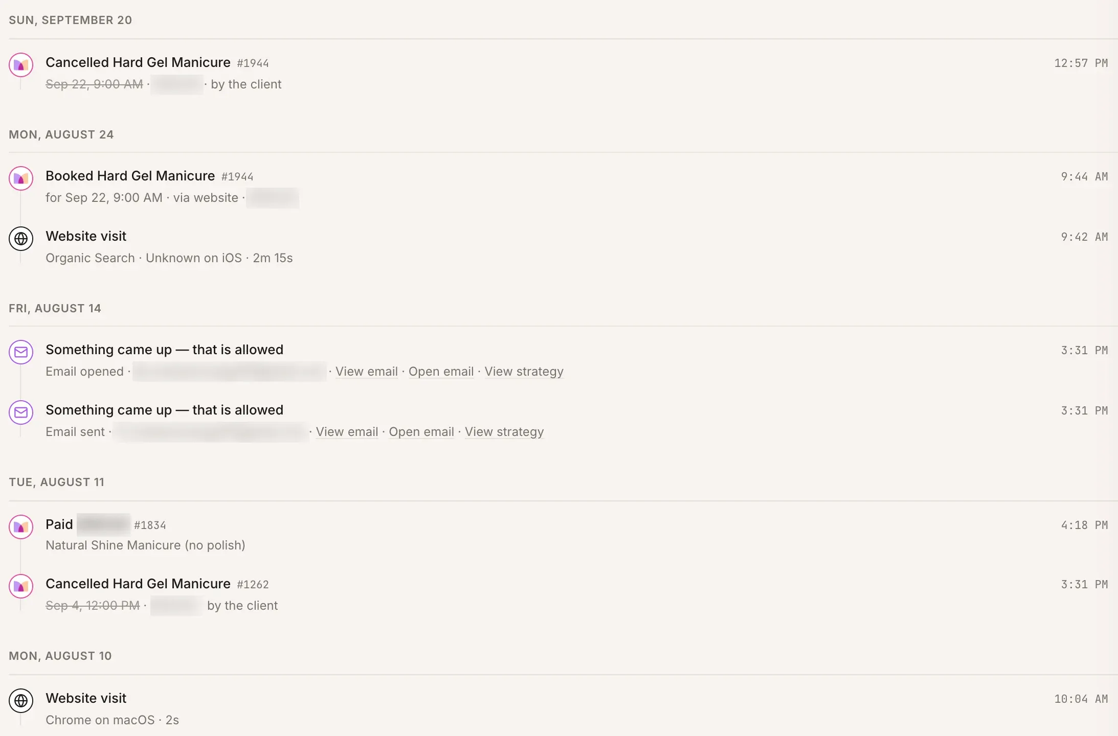 One client's timeline: a site visit, a booking, the letter she opened, the receipt, a cancellation