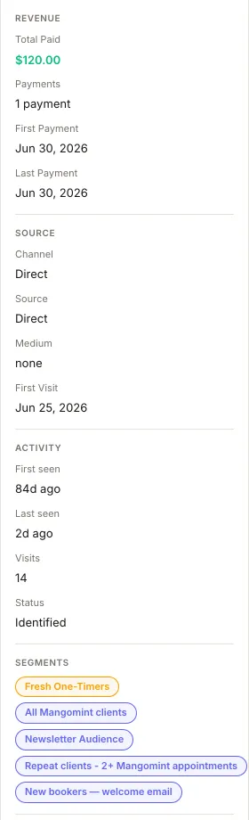 The side of a profile: total paid, payments, first and last payment, and the channel that brought the customer in